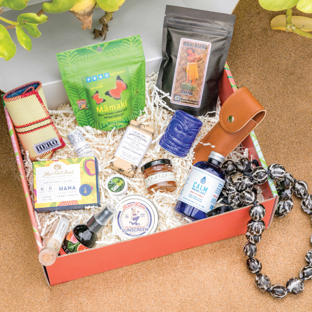 Aloha Boxed products on Maui sand