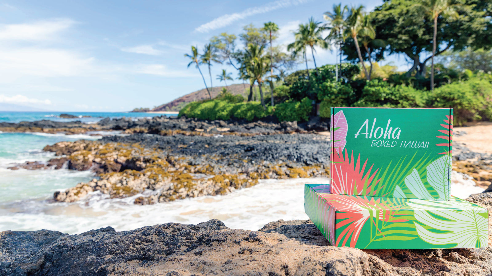 Aloha Boxed boxes sitting on Maui beach