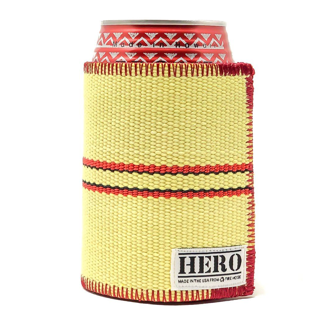 Hero Firehose Koozie Drink Accessory Hippie Chic Hawaii | Waimanalo, HI CANVAS YELLOW WITH RED STRIPE AND RED THREAD 